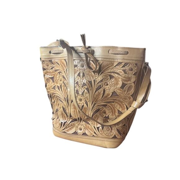 Vintage Hand Tooled Tan Brown Leather Hand / Shoulder Bag Floral Hippie Boho 70s - Picture 2 of 11